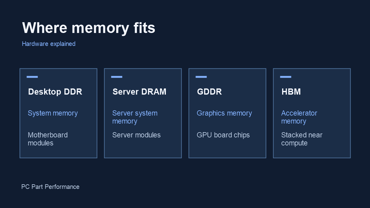 The roles and locations of desktop DDR, server DRAM, GDDR and HBM