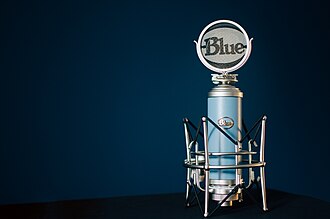 Blue condenser microphone with shock mount (reference photo)